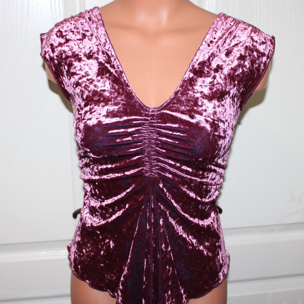 NEW! Low Cut Mauve Pink SMALL Fitted Ruched Crushed Velvet Stretch Blouse Top